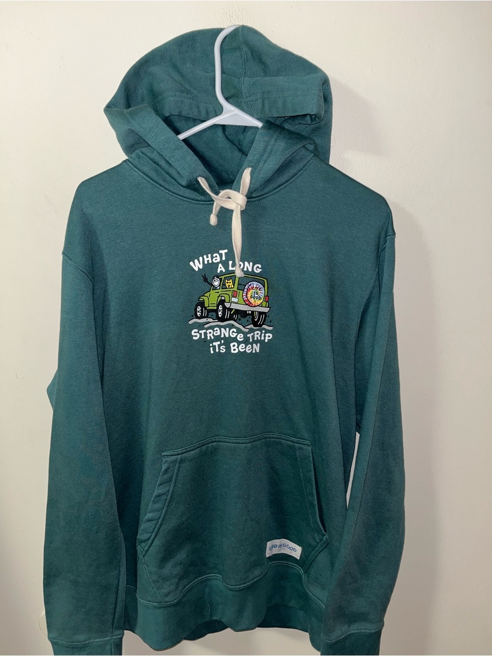 Life Is Good Teal Jeep Hoodie with Grateful Deal lyrics~Medium